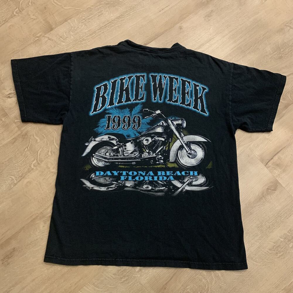 Vintage 90s 1999 Daytona Beach Bike Week T-Shirt Men's Large L Black Blue Biker